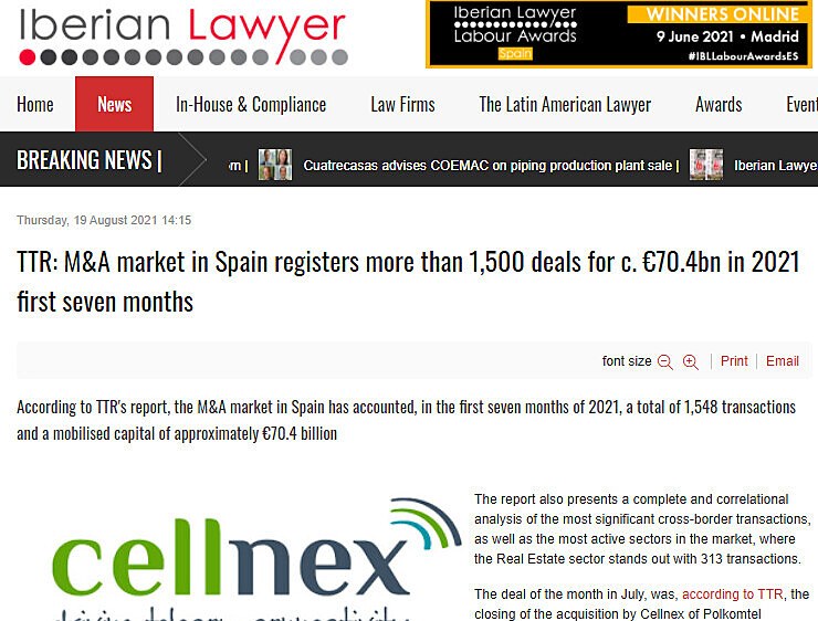 TTR: M&A market in Spain registers more than 1,500 deals for c. 70.4bn in 2021 first seven months